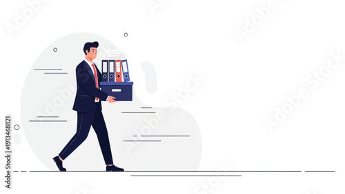 Businessman carrying box with files, leaving office, downsizing concept