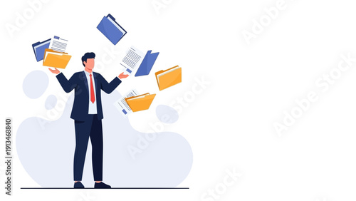 Businessman juggling folders and documents, managing information flow