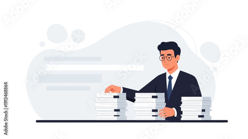 Businessman managing piles of paperwork on desk, administrative overload concept