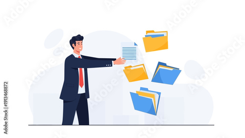 Businessman organizing digital files and documents in folders, data management concept.