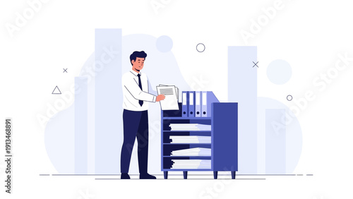 Businessman Organizing Files and Documents in Office Storage Cabinet