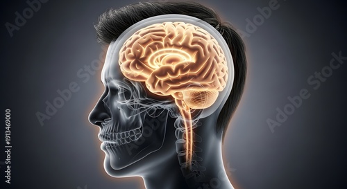 Illuminated Human Brain Within a Translucent Skull Revealing Complex Neural Pathways and Cognitive Functions of the Mind in a Scientific Medical Illustration