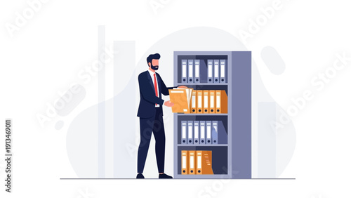 Businessman organizing files in office storage cabinet, business document management