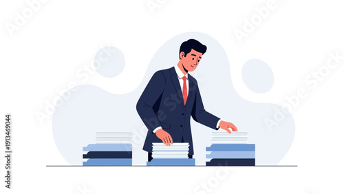 Businessman Organizing Paperwork Stacked Files Modern Office Vector Illustration