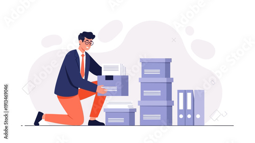 Businessman Organizing Paperwork and Files in Office