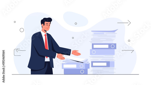 Businessman overwhelmed with paperwork, document overload, administrative task concept