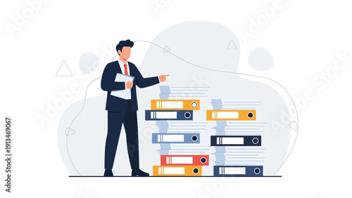 Businessman pointing at stack of documents, office paperwork, organization concept