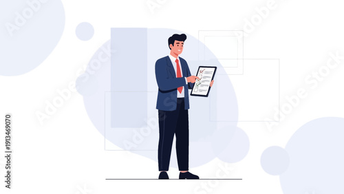 Businessman pointing at checklist on tablet, modern office background, business concept illustration