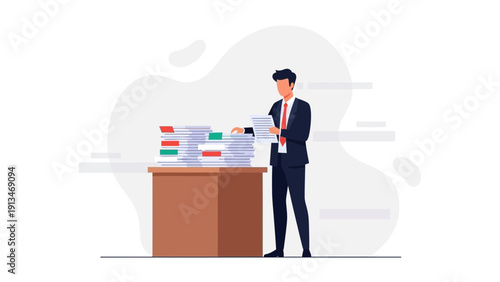 Businessman sorting piles of documents on a desk, office work concept