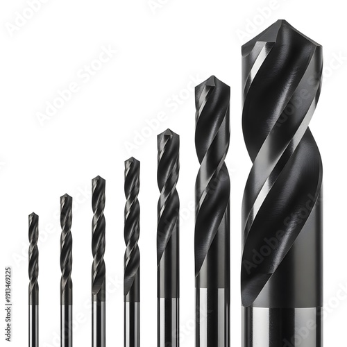 Assorted drill bits arranged in ascending order on a plain white background viewed from the side