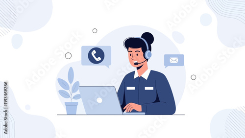 Customer service agent with headset and laptop, icons of call and email
