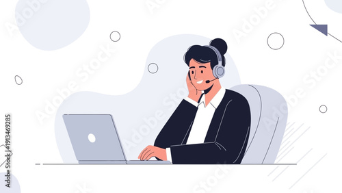 Customer Service Agent with Headset Working on Laptop, Online Support Concept