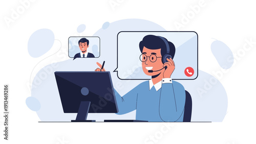 Customer service agent with headset, computer and video call