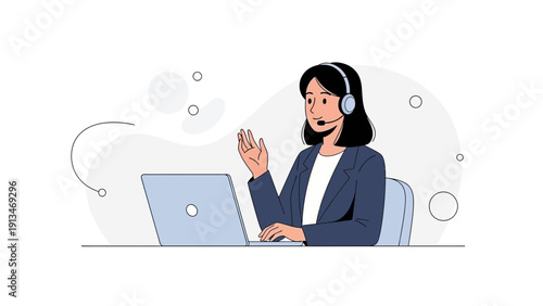 Customer Service Representative with Headset and Laptop, Businesswoman Waving Hello