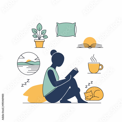 Woman Relaxing with Cat and Coffee