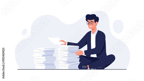 Man Sitting With Stack of Paperwork, Sorting Documents, Business Organization