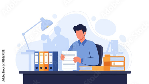 Man working at desk with papers and binders, office workflow concept illustration