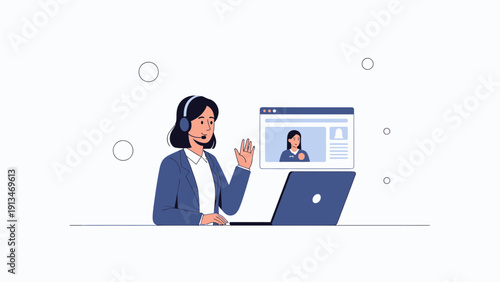 Customer service agent with headset on video call, online support and communication