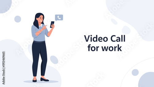 Woman on Video Call for Work Using Smartphone and App Icon