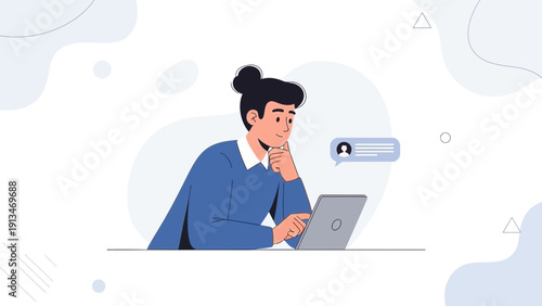 Young woman working on laptop, thinking, with chat notification bubble