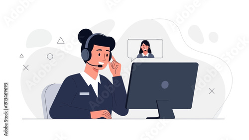 Customer service agent with headset talking to client via video call on computer