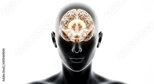 Illuminated human brain within a digital head silhouette, symbolizing intelligence, thought, and neuroscience concepts