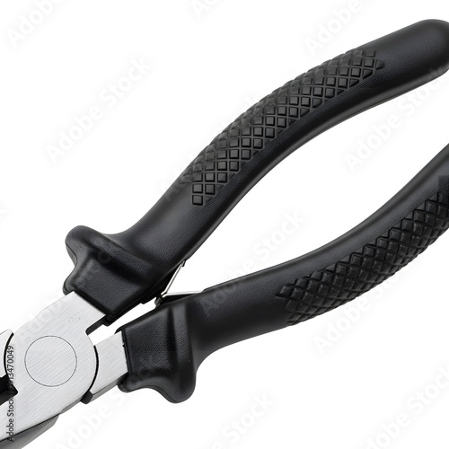 Close-up view of black-handled wire cutters with textured grips and silver blades, ready for precise cutting action.