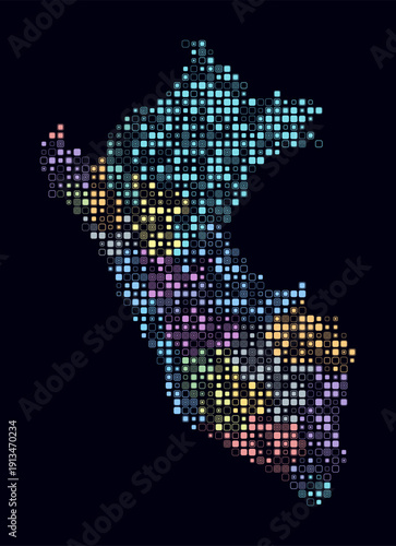 Peru, shape of the country build of colored cells. Digital style map of the Peru on dark background. Small size rounded square blocks. Classy vector illustration.