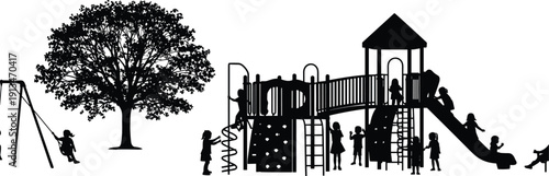 Children Silhouettes Playing Happily on a Modern Outdoor Playground Structure with Swings and a Tree, Illustrating Childhood Fun and Park Activity.