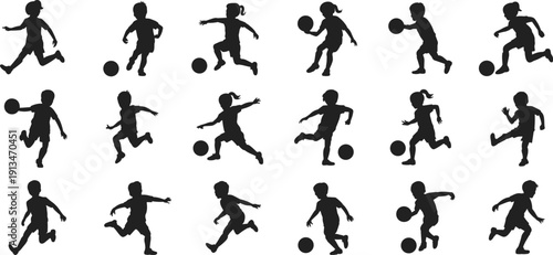 Children soccer silhouettes, kids playing football vector, active youth sports, dynamic movement, black icons, physical education, outdoor activity, teamwork, fun