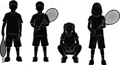 Children tennis players silhouette set isolated on white background, boys and girls holding rackets, youth sports activity illustration for training, competition, fitness, and recreation concepts