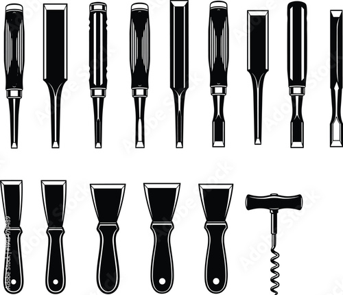Chisel tool silhouettes vector collection, woodworking hand tools set including carving chisels and scrapers, carpentry equipment illustration, black detailed icons