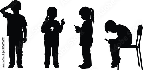 Children using smartphones silhouettes, black vector illustration showing kids absorbed in mobile devices, digital addiction awareness, modern childhood technology behavior 