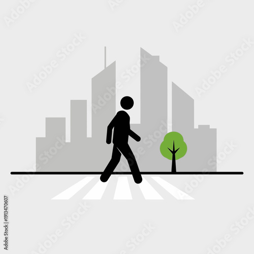 Pedestrian crossing a street in a modern city with skyscrapers and a tree.