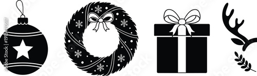 Christmas decorative icons silhouettes set, ornament wreath gift box and antler elements, black and white flat vector illustration for festive holiday design