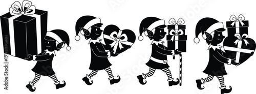 Christmas elves silhouettes carrying gifts and heart presents, playful holiday helpers in motion, black and white flat vector illustration for festive design