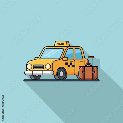 Yellow taxi cab with suitcase on light blue background, travel concept
