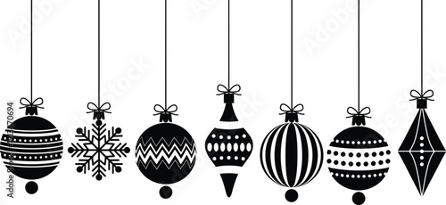 WebChristmas hanging ornaments vector illustration, festive baubles and snowflake silhouettes, winter holiday decoration set, minimalist black and white design