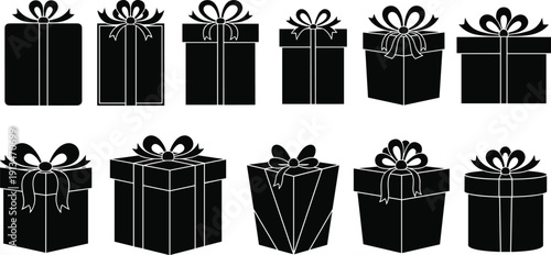 Christmas gift box silhouettes collection with bows and ribbons, festive present shapes, black and white vector illustration set for holiday celebration designs