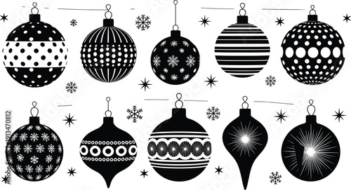 Christmas ornament silhouettes collection, black and white hanging baubles with snowflakes stars patterns, elegant flat vector illustration for festive holiday decoration design