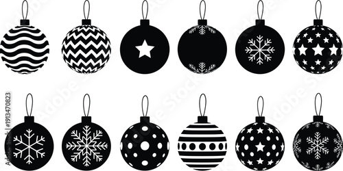 Christmas ornament silhouettes collection featuring festive baubles and holiday decorations, black and white minimalist winter design isolated on white background illustration vector set