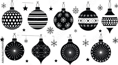 Christmas ornament silhouettes collection, black and white holiday baubles with snowflakes stars patterns, elegant flat vector illustration for festive decoration design