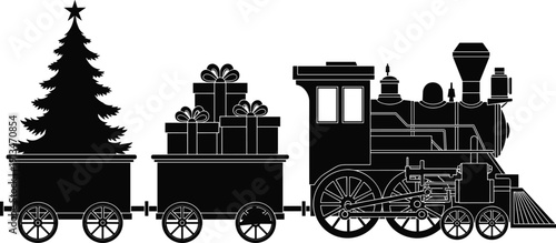 Christmas train silhouette carrying gifts and decorated tree, festive holiday railway illustration, black and white vector design for winter celebration themes