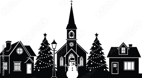 Christmas village silhouette, winter town scene with church and houses, snowman and fir trees, black vector illustration, isolated on white background, holiday design.