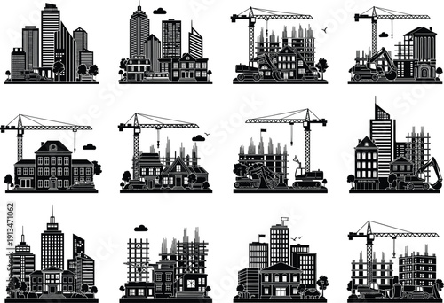 City building construction site illustration, modern urban development with cranes and machinery, architecture progress and infrastructure growth vector silhouette design for engineering projects