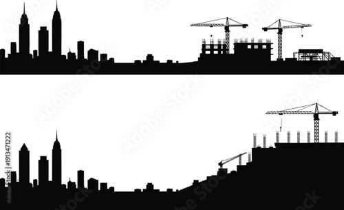 City skyline and construction silhouette vector, urban development with cranes, building progress illustration, black graphic icon, architectural growth, infrastructure scene