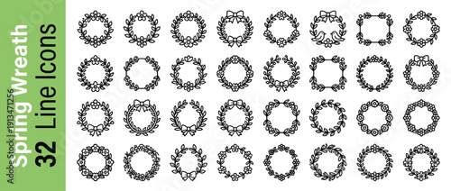 Set of 32 Spring Wreath and Floral Frame Line Icons, Minimalist Bold Vector Elements for Wedding Invitations, Greeting Cards, and Decorative Botanical Borders with Flowers, Leaves, and Bows.