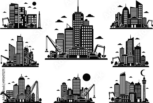 City skyline construction scene illustration, modern urban building development with cranes and excavators, architecture progress and infrastructure growth vector silhouette design