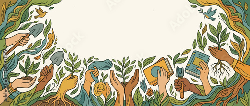 Community volunteering banner with diverse hands planting seedlings, holding books and garden tools. Panoramic illustration for environmental sustainability, education, and social growth.