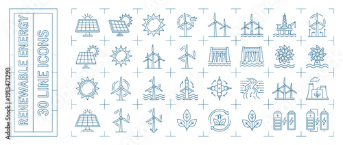Renewable Energy Icon Set featuring 30 Technical Line Icons for Sustainable Power including Solar Panels, Wind Turbines, Hydroelectric Dams, Biomass, Battery Storage, and Green Tech Solutions.